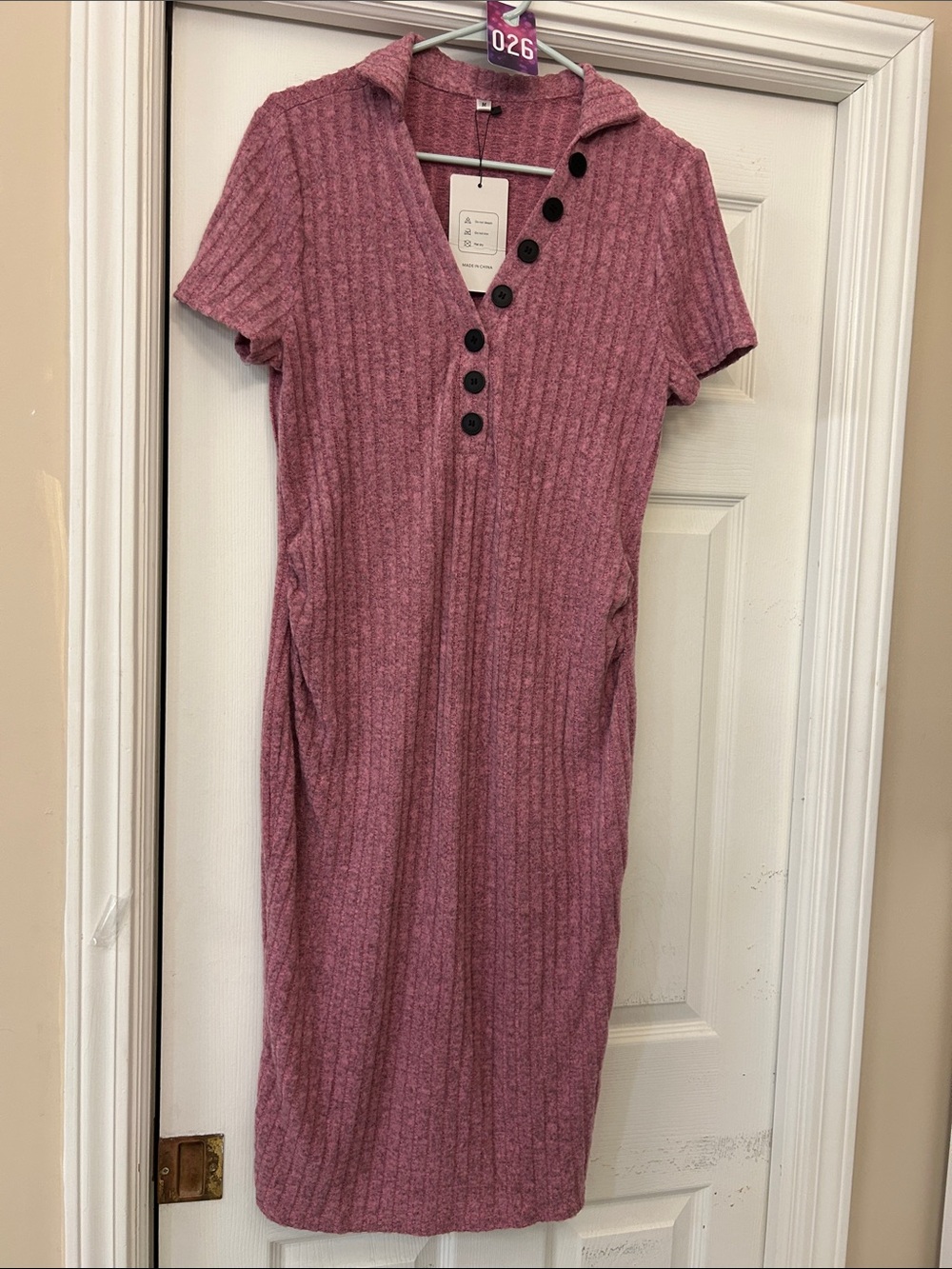 Ribbed Polo Button-Front Midi Dress in Rose